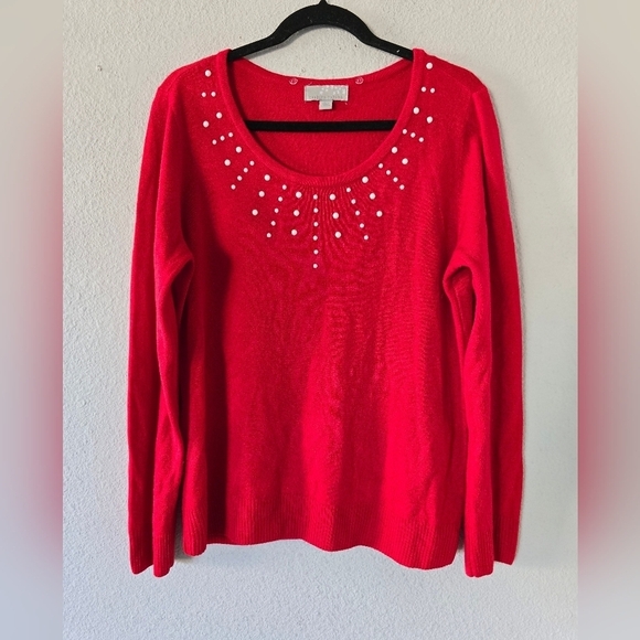 Carolyn Taylor Sweater Womens Sz L Red Embroidered Knit Long Sleeves Peasant - Picture 2 of 8